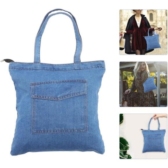 denim Shoulder Bag Large Capacity Zipper Closure Casual Tote- As Shown - Picture 3 of 7